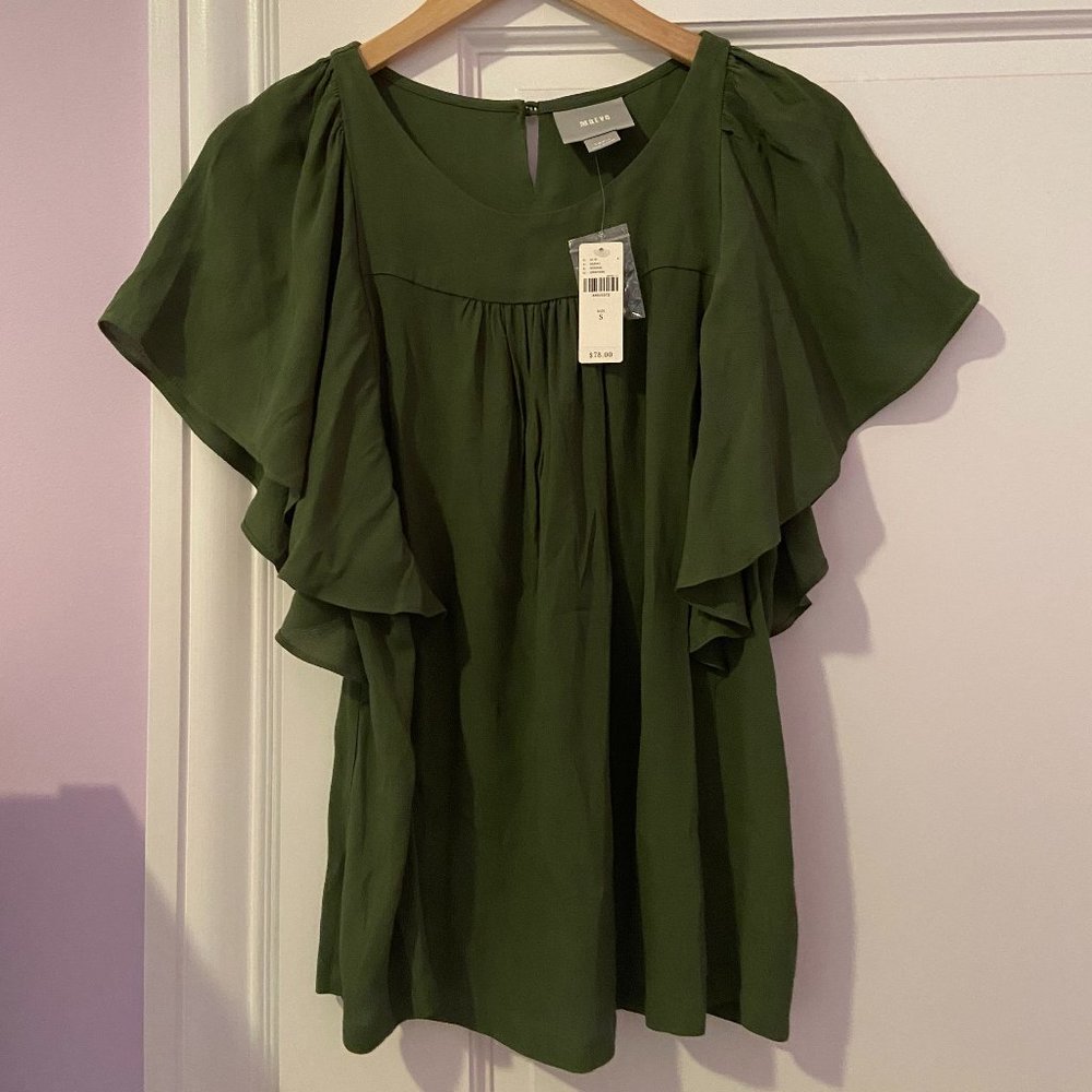NWT Anthropologie Flutter Sleeve Green Blouse